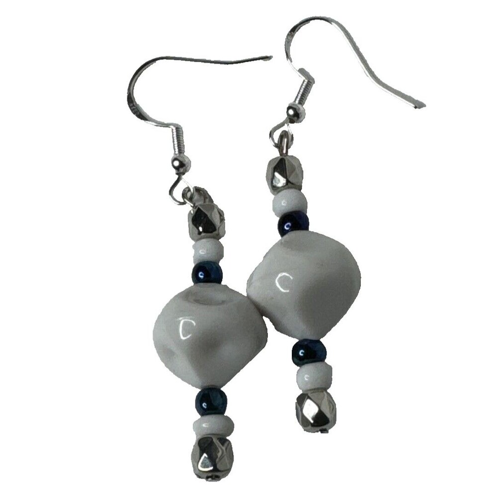 Handmade White and Blue Green Seed Bead Drop Earrings S925 Ear Hooks